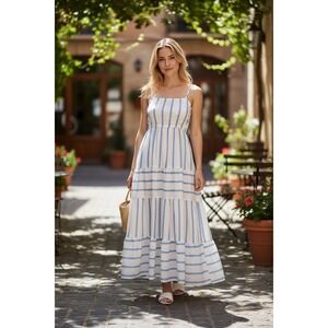 Women's S White Blue Stripe Midi Dress Cotton Tiered | Cottage